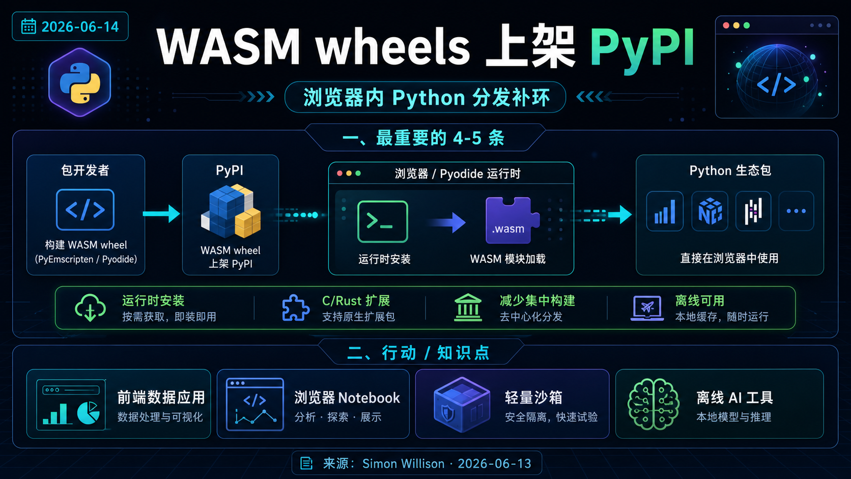 Pyodide / PyPI 支持 WASM wheels：浏览器内 Python 生态补上关键分发环节 的生图总结