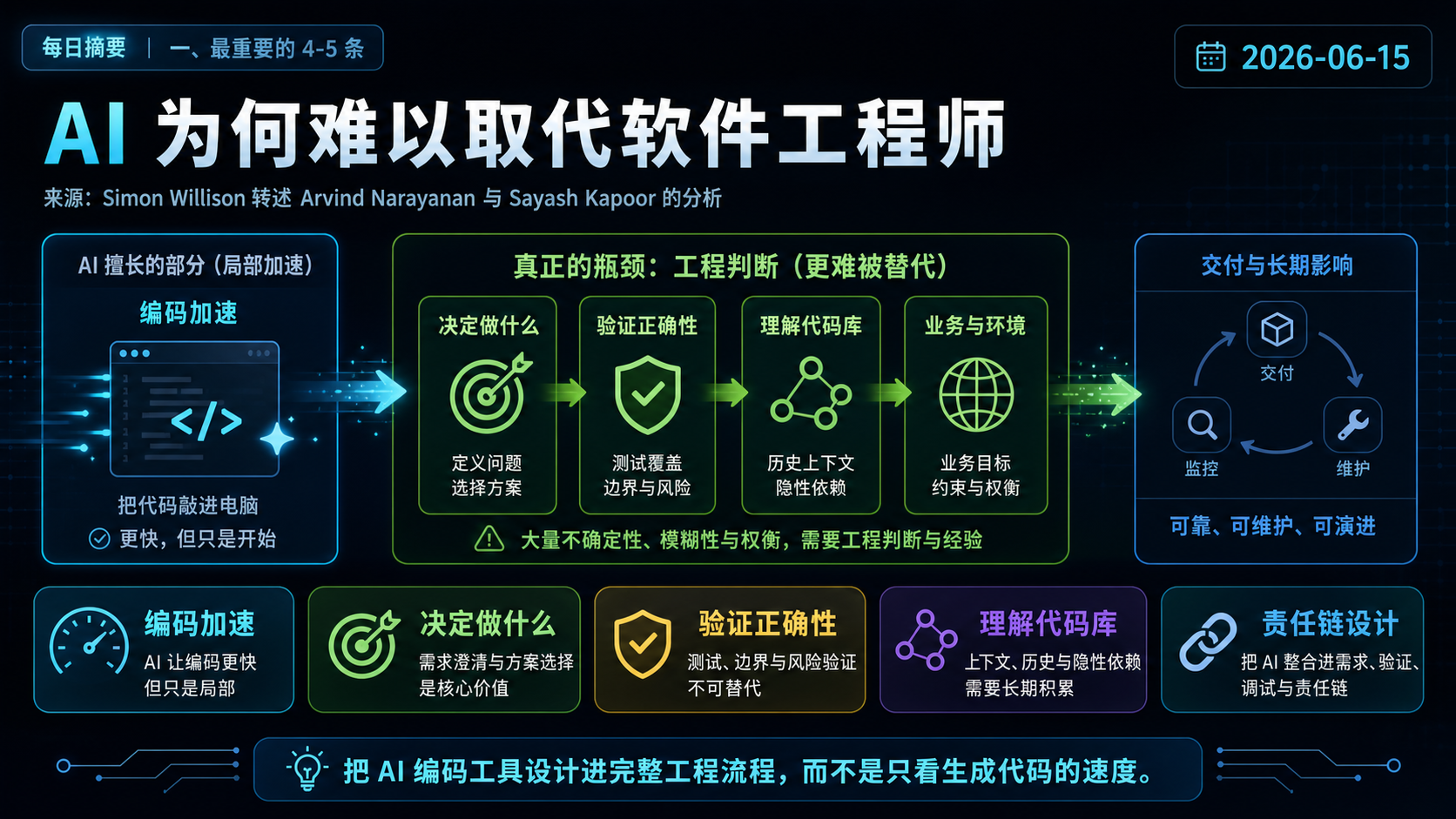 为什么 AI 还没有、也不太会直接取代软件工程师 的生图总结