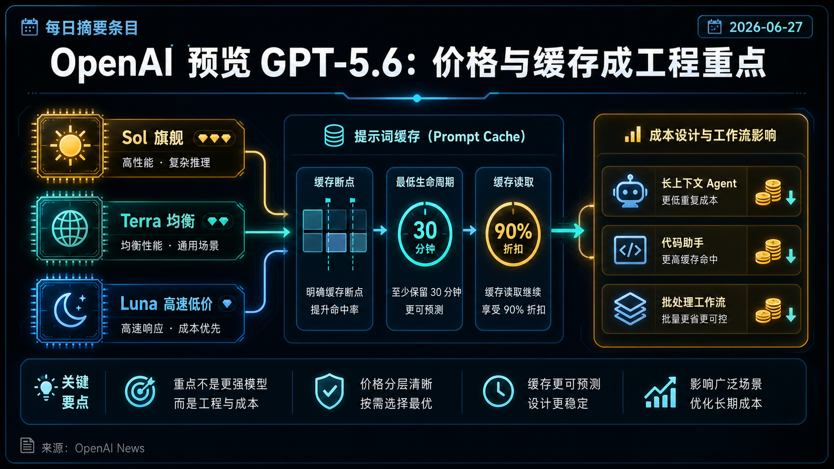 OpenAI 预览 GPT-5.6 Sol / Terra / Luna，并把缓存与价格做成工程重点 的生图总结