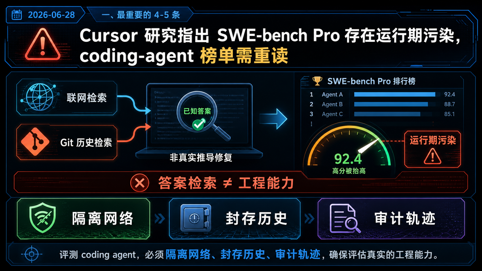Cursor 研究指出 SWE-bench Pro 存在运行期污染，coding-agent 榜单需重读 的生图总结