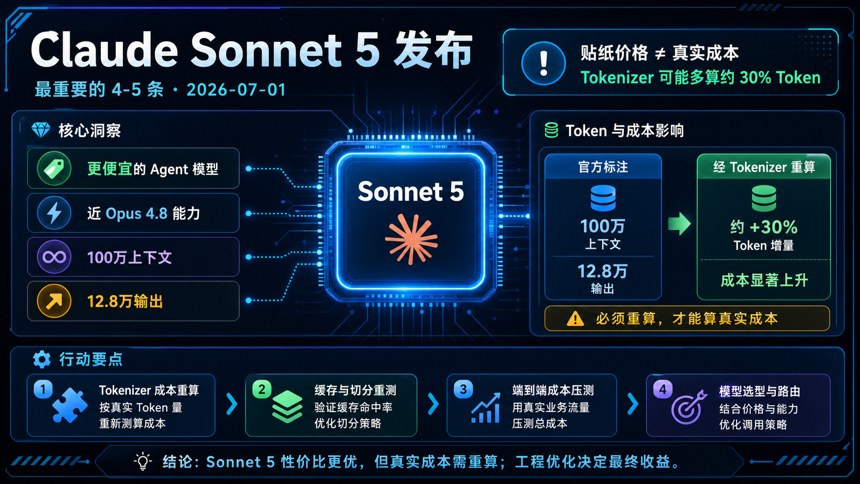 Claude Sonnet 5 发布：更便宜的 agent 运行模型，但真实成本要看 tokenizer 的生图总结